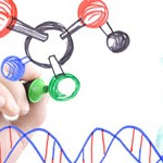Researcher drawing atom symbol and dna on glass