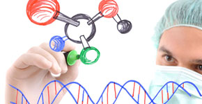 Researcher drawing atom symbol and dna on glass