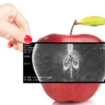 Female doctor holding an x-ray revealing inner view of a red app